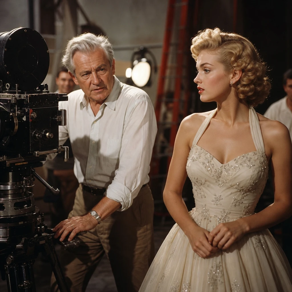 Fotorealistyczna scena z planu filmu biograficznego o legendarnym reżyserze i ikonie klasycznego Hollywood