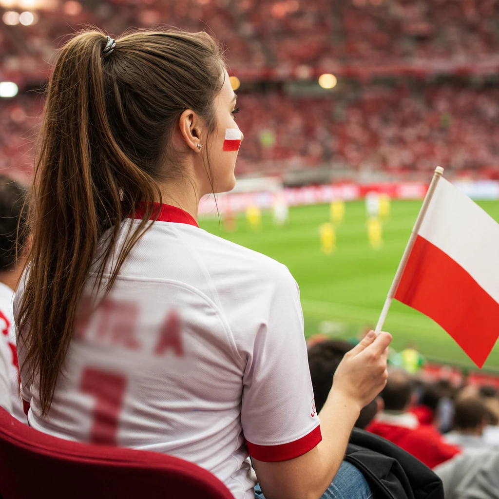 Anonimowa kibicka wspierająca młodego polskiego piłkarza podczas meczu Polska–Rumunia