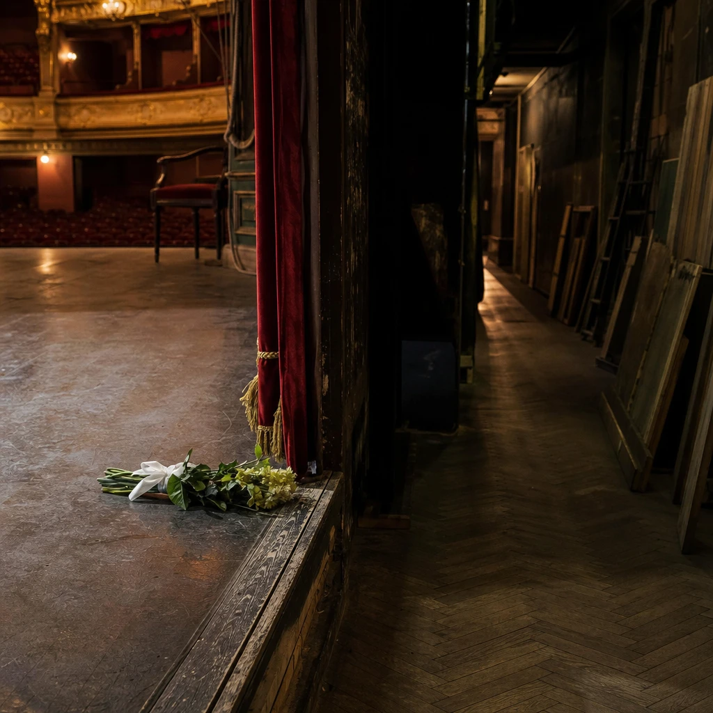 Pusta scena i kulisy krakowskiego teatru po wieczornym spektaklu, przywołujące tragiczną historię sprzed 35 lat