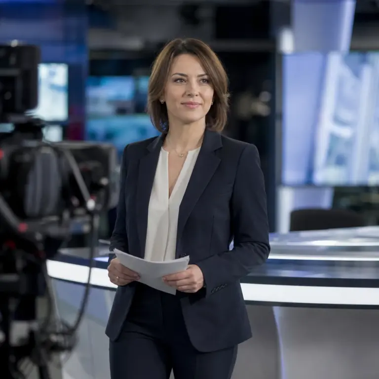 Anonimowa prezenterka telewizyjna w studiu informacyjnym