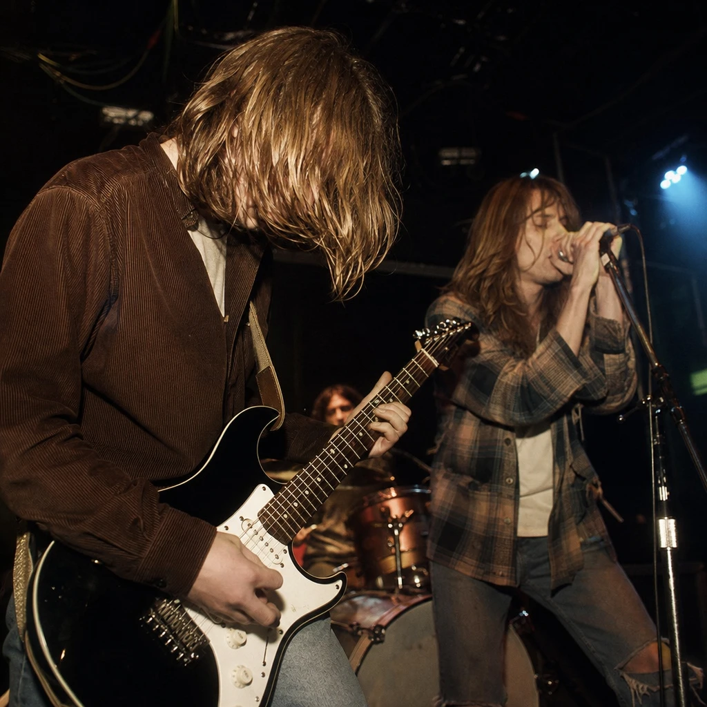 Fotorealistyczna scena koncertowa oddająca surowe brzmienie i przełomowy moment grunge’owego albumu z początku lat 90.
