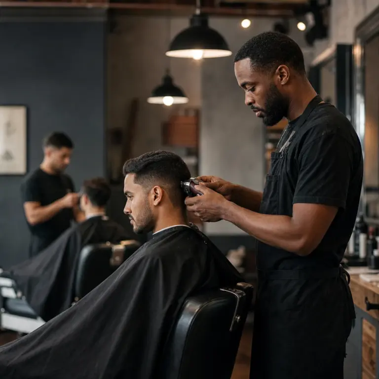 Fotorealistyczna scena w nowoczesnym barbershopie nawiązująca do premiery serialu telewizyjnego