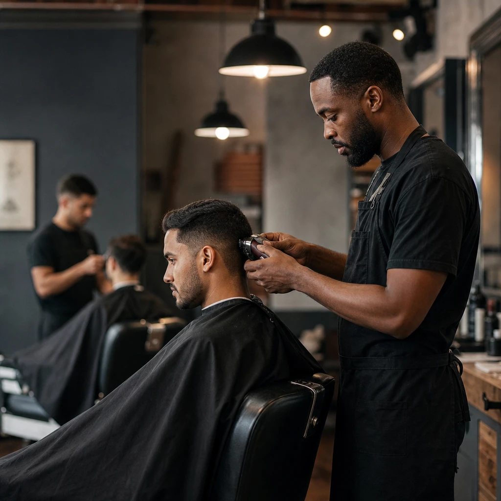 Fotorealistyczna scena w nowoczesnym barbershopie nawiązująca do premiery serialu telewizyjnego
