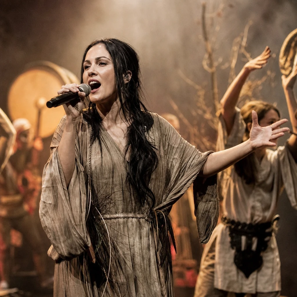 Konceptualny koncert muzyczny w formie rytuału, z wokalistką, zespołem i tancerzami na scenie