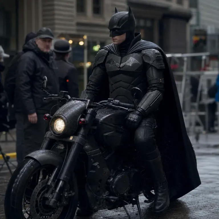 Fotorealistyczne zdjęcie z planu filmowego przedstawiające zamaskowanego mściciela w czarnym kostiumie na policyjnym motocyklu