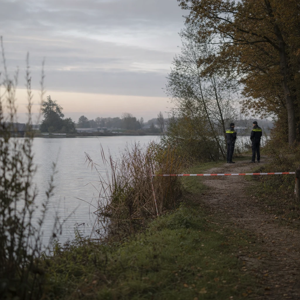 Spokojne jezioro w okolicach Arnhem po tragicznym zdarzeniu, z policyjną taśmą i funkcjonariuszami na brzegu