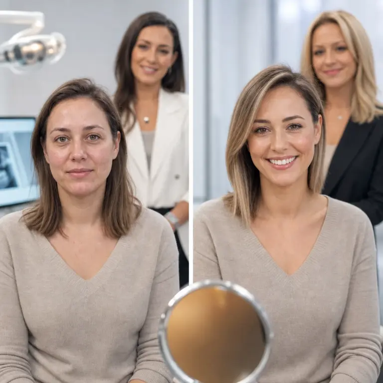 Fotorealistyczne zdjęcie anonimowej uczestniczki programu metamorfoz przed i po kompleksowej przemianie wyglądu