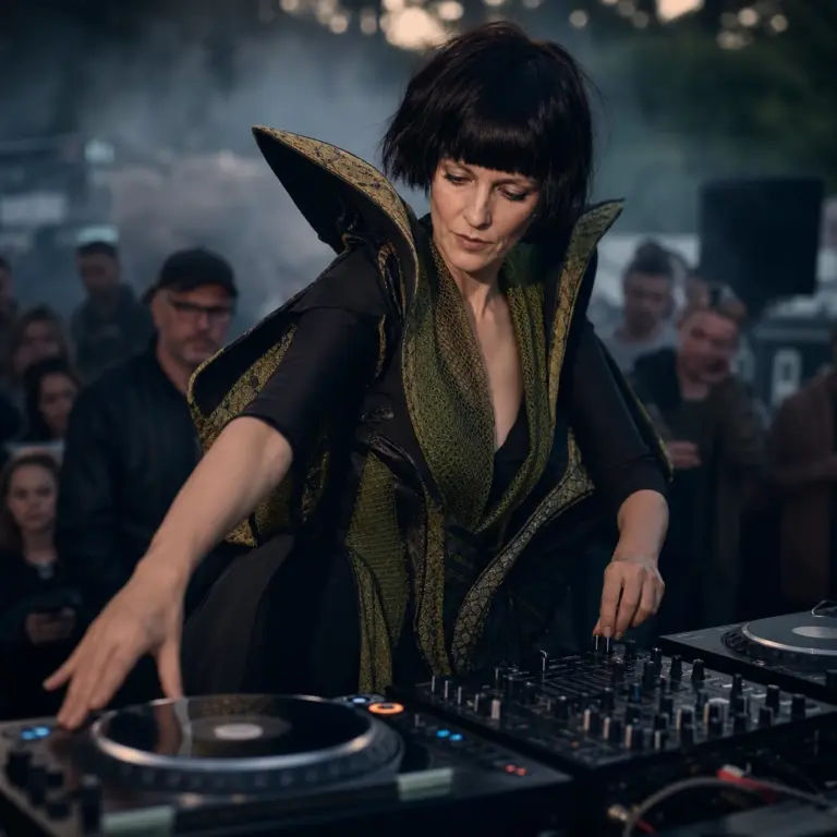 Anonimowa artystka wykonująca eksperymentalny DJ-set w kostiumie inspirowanym modliszką podczas zamknięcia festiwalu