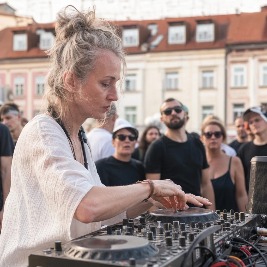 Anonimowa artystka muzyczna podczas bezpłatnego DJ-setu na rynku w Bielsku-Białej