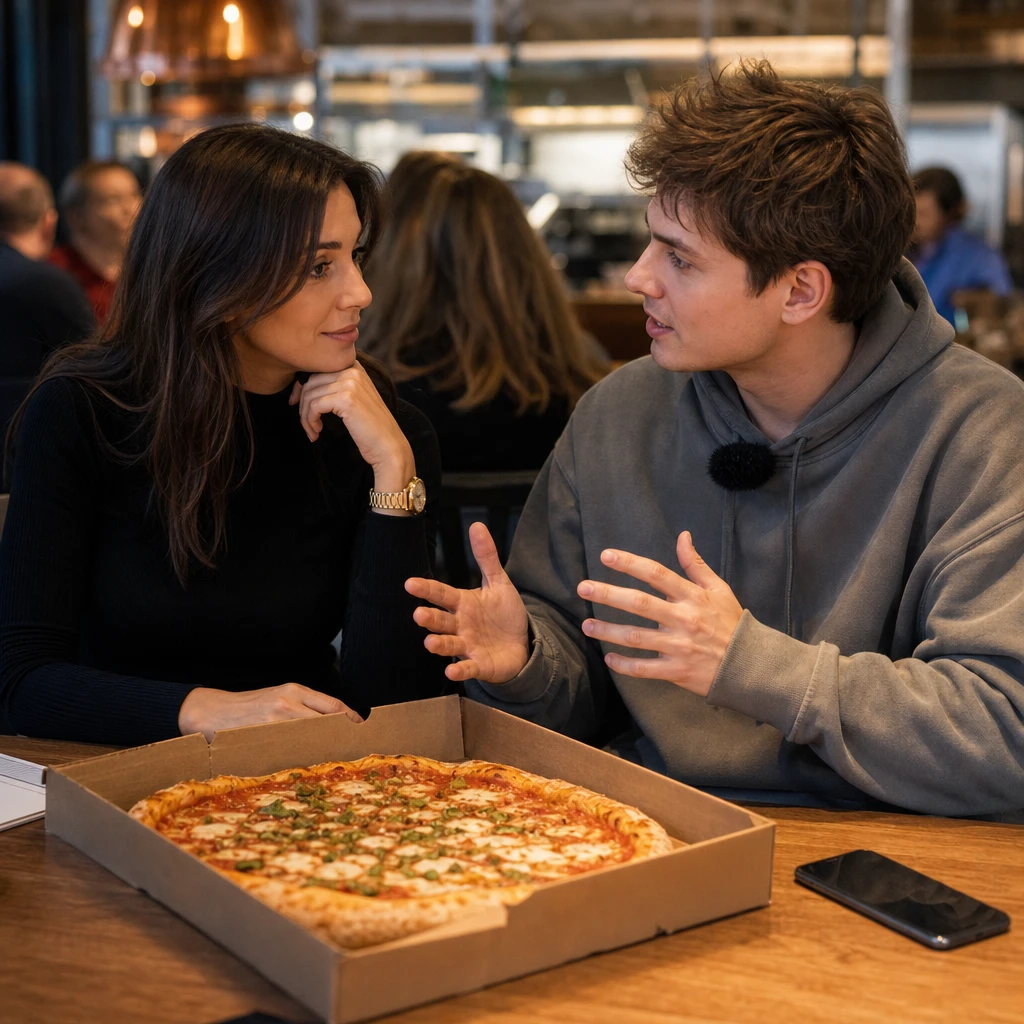 Fotorealistyczna scena tematyczna przedstawiająca publiczne wsparcie celebrytki dla twórcy kulinarnego w dyskusji o komercjalizacji działalności i własnej pizzy