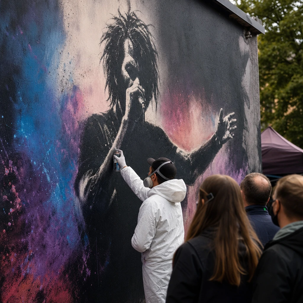Mural pamiątkowy poświęcony wokaliście zespołu rockowego podczas Sky&Chill Graffiti Jam w Pszczynie