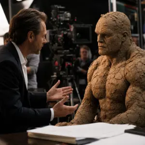 Fotorealistyczna scena z planu filmowego przedstawiająca obronę projektu o Clayface i jego potencjału twórczego