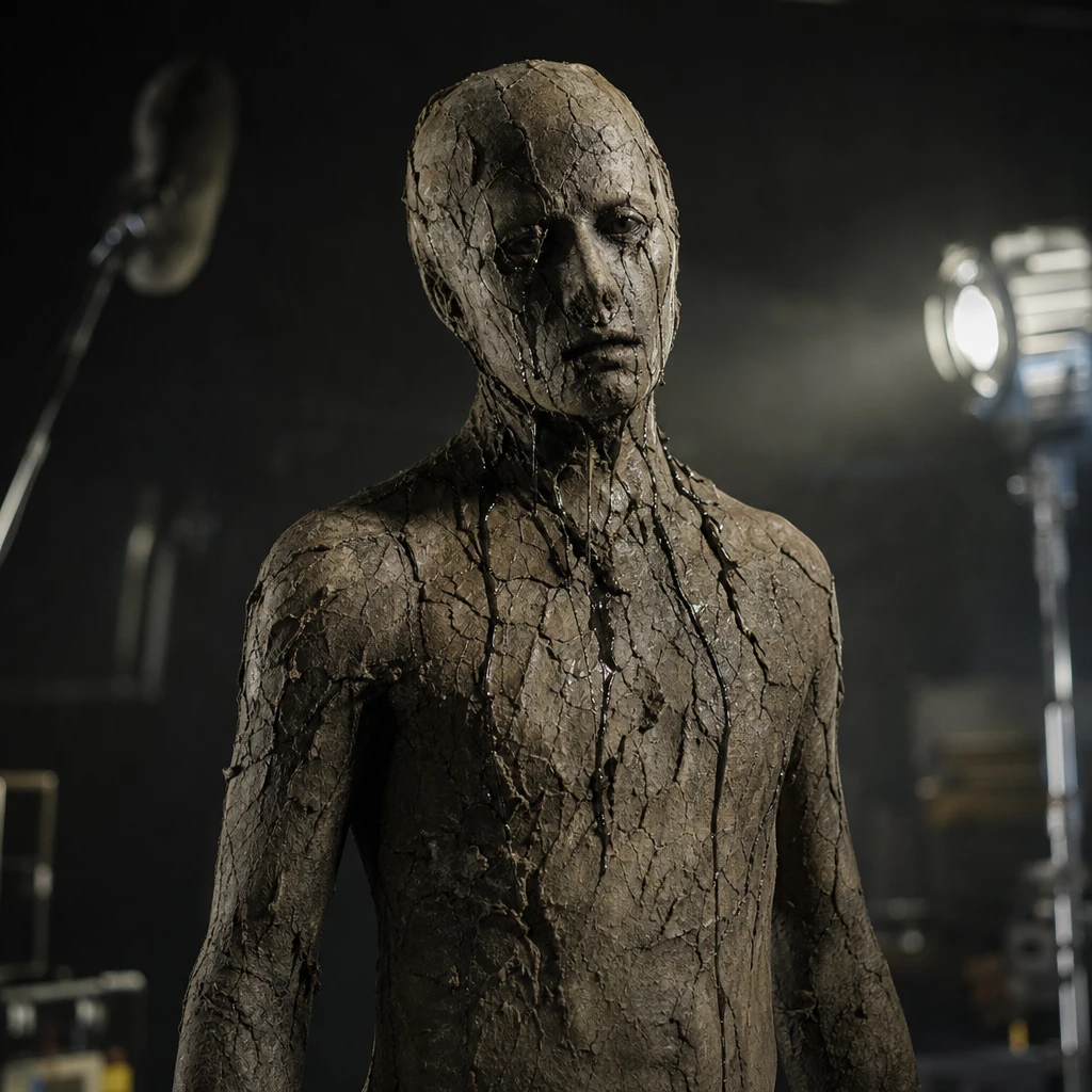Fotorealistyczna scena horroru z humanoidalnym potworem z gliny na planie filmowym
