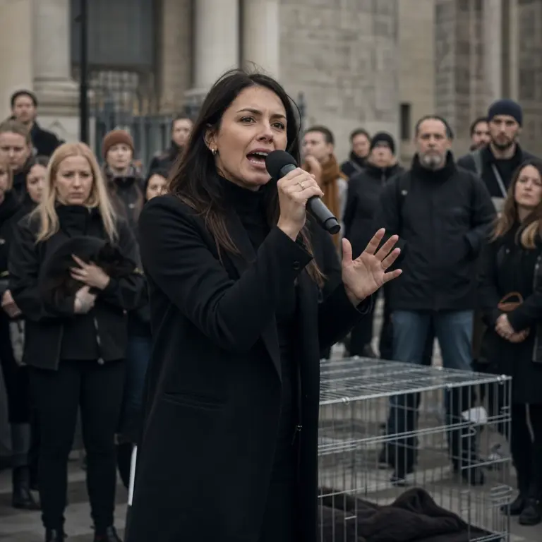Anonimowa wokalistka i aktywistka podczas protestu przeciwko trzymaniu zwierząt w klatkach przed budynkiem ministerstwa