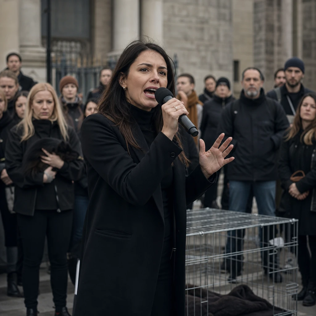 Anonimowa wokalistka i aktywistka podczas protestu przeciwko trzymaniu zwierząt w klatkach przed budynkiem ministerstwa