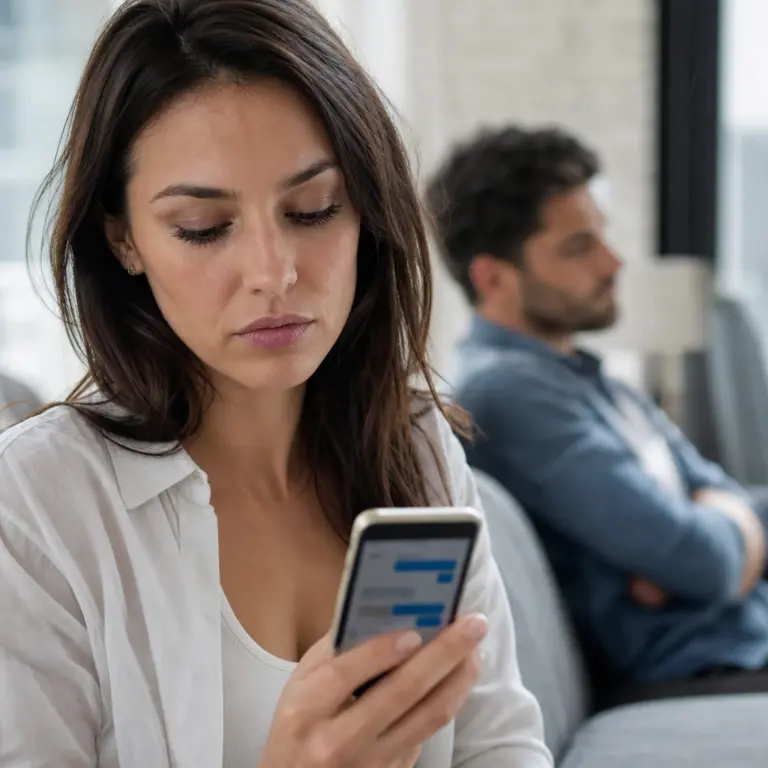 Tematyczne zdjęcie anonimowej pary i telefonu z rozmytą prywatną korespondencją, symbolizujące publicznie ujawnione rozstanie i emocjonalne wiadomości