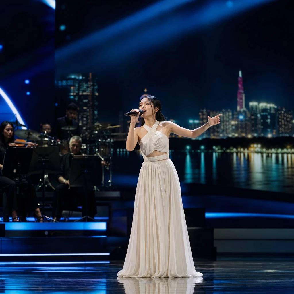 Fotorealistyczna scena międzynarodowego konkursu muzycznego w Bangkoku, symbolizująca Eurovision Asia