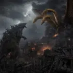 Fotorealistyczna scena wielkiego starcia Godzilli z trójgłowym King Ghidorah w zniszczonym mieście