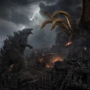 Fotorealistyczna scena wielkiego starcia Godzilli z trójgłowym King Ghidorah w zniszczonym mieście