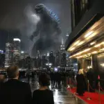 Fotorealistyczna scena promująca premierę filmu o Godzilli: gigantyczny kaiju nad nocnym Nowym Jorkiem i światła kina