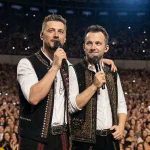 Bracia muzycy zapowiadający fabularny film o życiu i rodzinnym biznesie zespołu podczas wielkiego koncertu na stadionie
