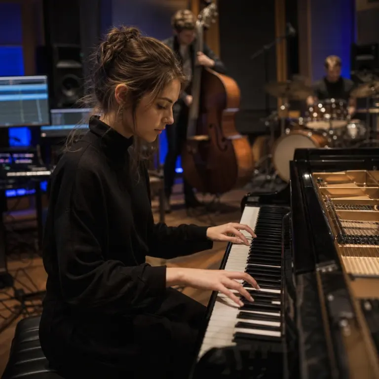 Młoda pianistka podczas sesji nagraniowej z trio, łączącego jazz, elektronikę i neoklasykę