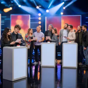 Fotorealistyczna scena teleturnieju muzycznego z uczestnikami rywalizującymi przy stołach z kartami i przyciskiem odpowiedzi