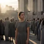 Fotorealistyczna scena dożynek o świcie w dystopijnym świecie, nawiązująca do filmu „Igrzyska śmierci: Wschód słońca w dniu dożynek” i jego wyjątkowo długiego seansu.