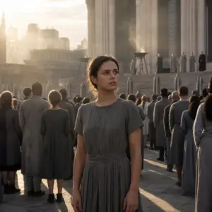 Fotorealistyczna scena dożynek o świcie w dystopijnym świecie, nawiązująca do filmu „Igrzyska śmierci: Wschód słońca w dniu dożynek” i jego wyjątkowo długiego seansu.
