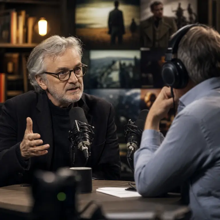 Anonimowy starszy pisarz omawiający ekranizacje swoich powieści w studiu podcastowym