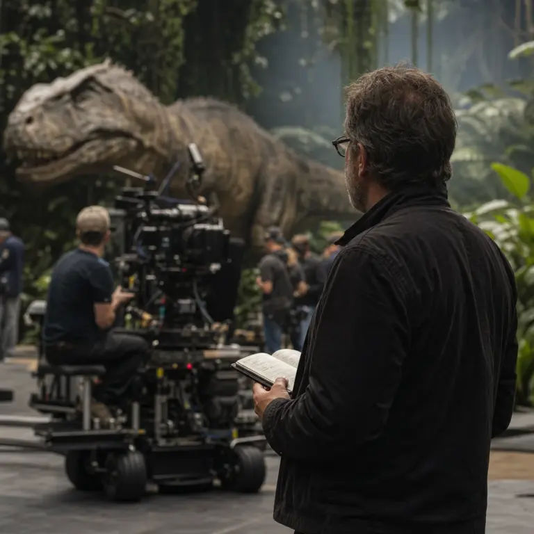 Kulisowe zdjęcie planu wysokobudżetowego filmu o dinozaurach, symbolizujące poszukiwanie nowego reżysera sequela
