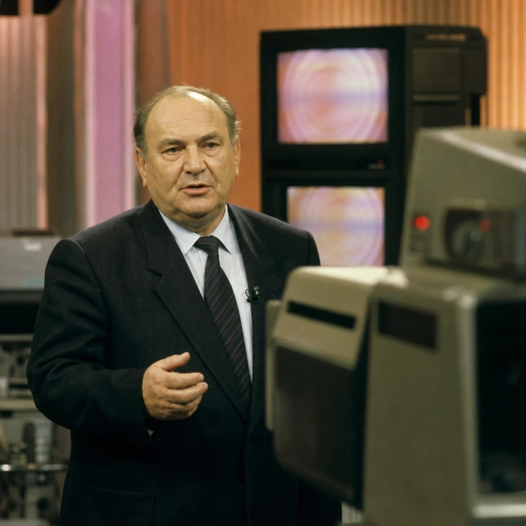 Fotorealistyczne zdjęcie tematyczne inspirowane dokumentem o fenomenie telewizyjnego hipnotyzera i jego wpływie na masową wyobraźnię