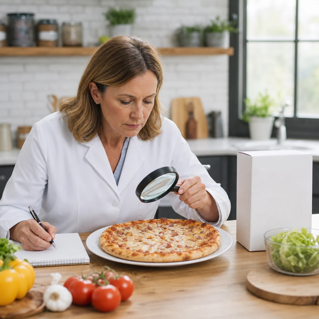 Ekspertka ds. żywienia krytycznie analizująca skład i wartość odżywczą mrożonej pizzy