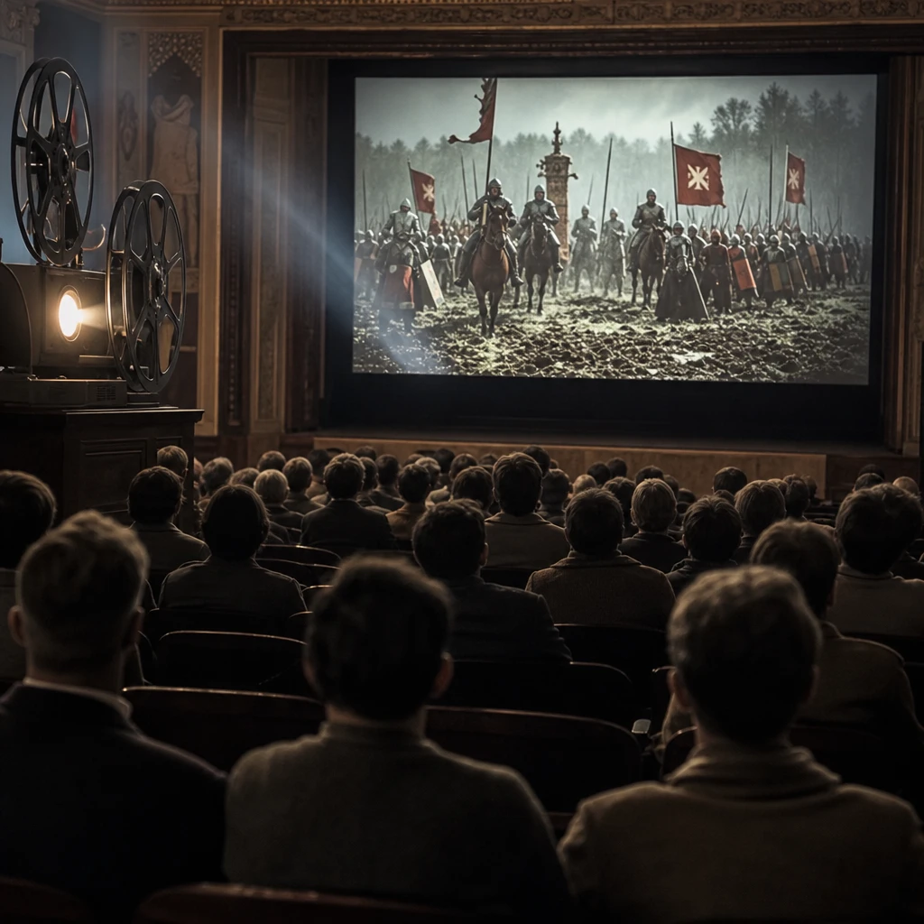 Fotorealistyczna scena nawiązująca do historycznego sukcesu filmu „Krzyżacy” i jego późniejszego międzynarodowego uznania