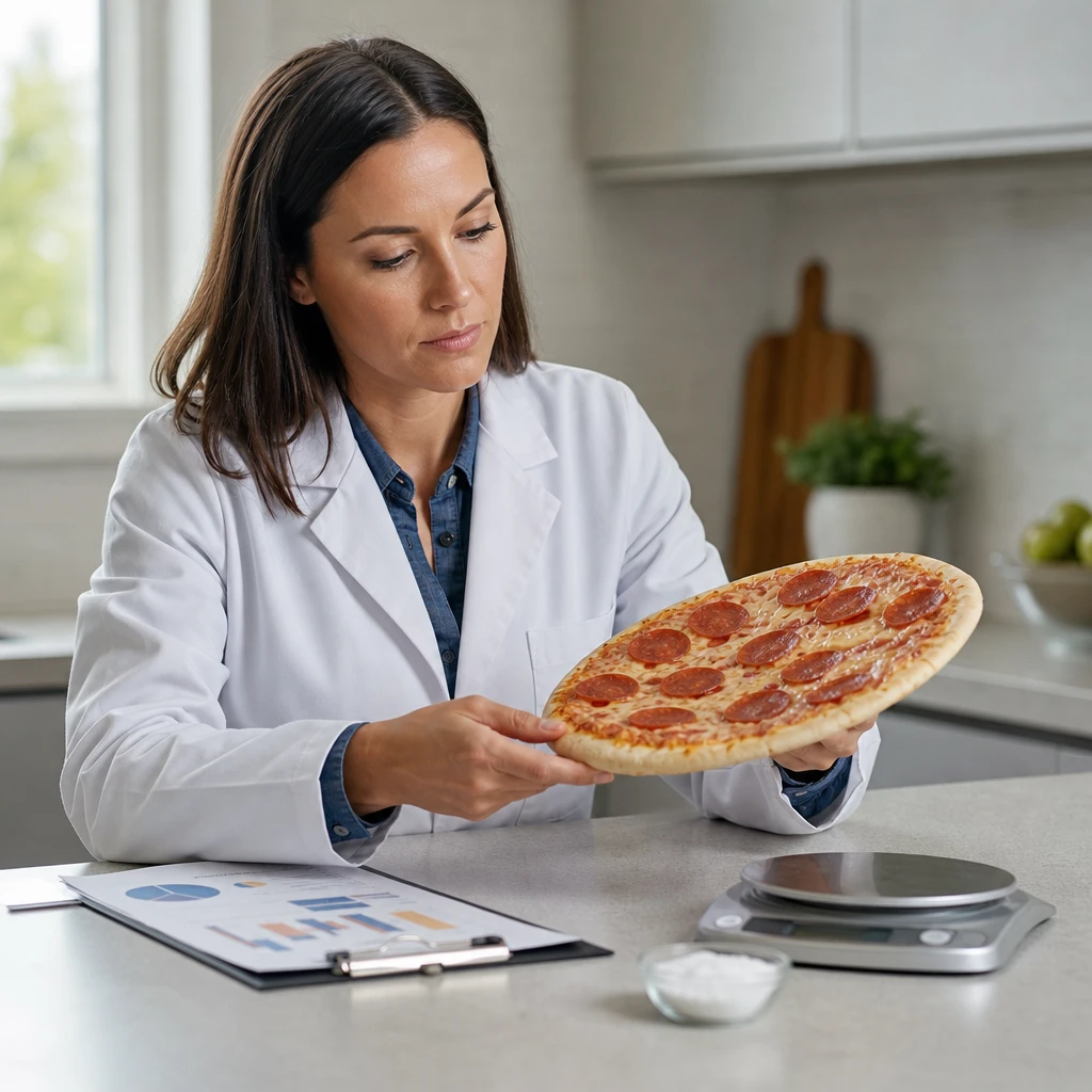 Fotorealistyczne zdjęcie mrożonej pizzy pepperoni zestawionej z symbolami analizy dietetycznej: kalorycznością, zawartością soli i stopniem przetworzenia mięsa