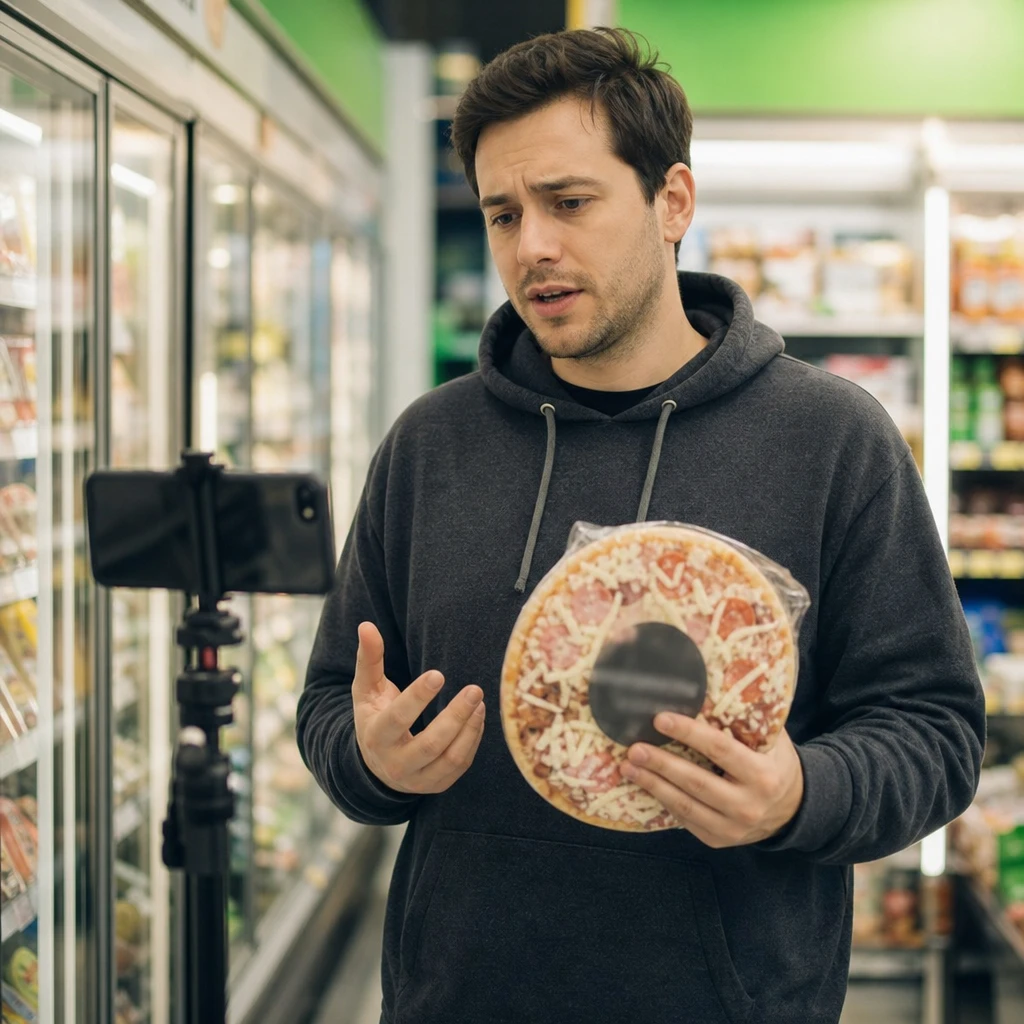 Anonimowy internetowy twórca komentujący krytykę własnej mrożonej pizzy w kontekście sprzedaży w sklepie spożywczym