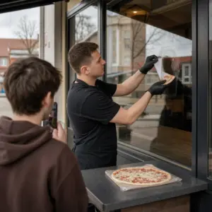 Restauracja we Wrześni usuwa naklejkę z witryny po internetowym sporze wokół marki mrożonej pizzy