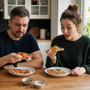 Anonimowa degustacja dwóch wariantów mrożonej pizzy w Warszawie, z różnymi opiniami na temat smaku, soli i oregano