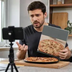 Anonimowy twórca internetowy komentujący reakcję odbiorców po wprowadzeniu mrożonej pizzy do sklepu