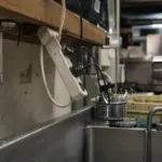 Potencjalnie niebezpieczny przedłużacz elektryczny zawieszony nad zlewem w restauracyjnej kuchni