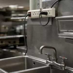 Potencjalnie niebezpiecznie zamontowany przedłużacz nad zlewem w restauracyjnej kuchni