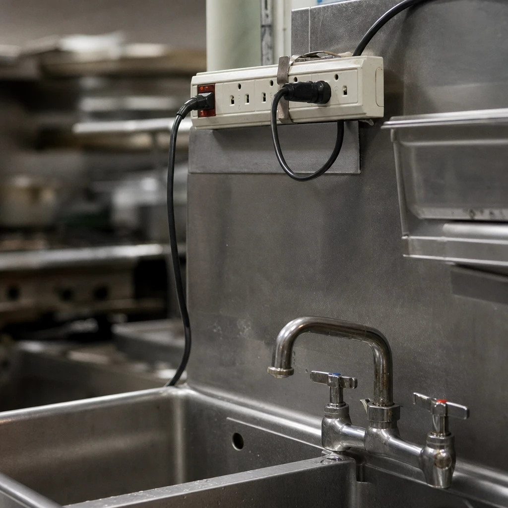 Potencjalnie niebezpiecznie zamontowany przedłużacz nad zlewem w restauracyjnej kuchni