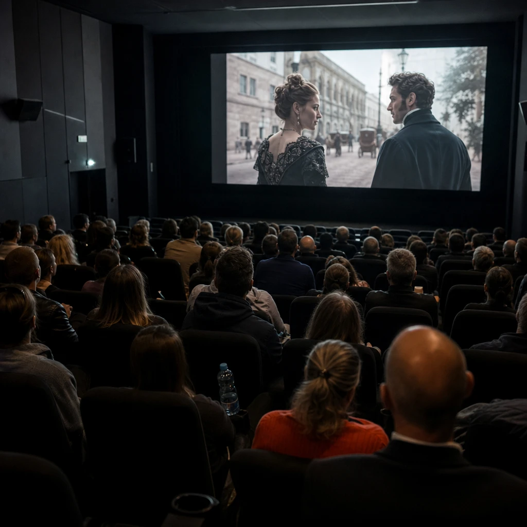 Pełna sala kinowa podczas seansu polskiego filmu kostiumowego „Lalka”, symbolizująca jego mocny start frekwencyjny