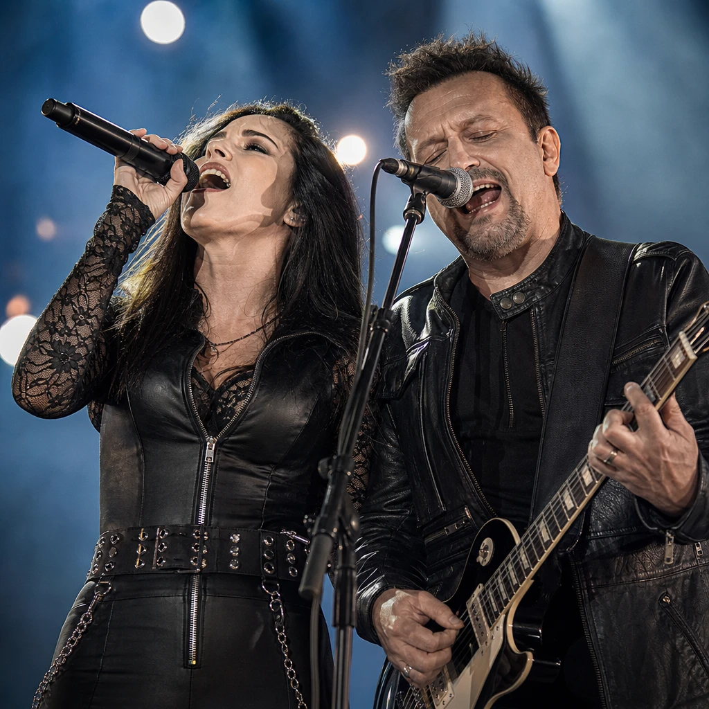 Dwoje anonimowych wokalistów podczas wspólnego wykonania emocjonalnego rockowego utworu na dużej scenie koncertowej