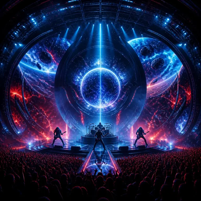 Rezydencja zespołu heavy metalowego w futurystycznej hali koncertowej z immersyjnymi efektami wizualnymi