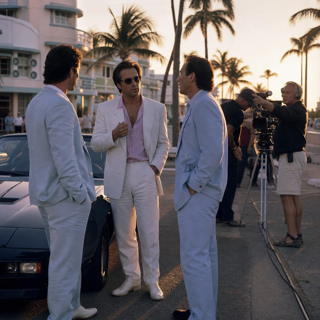 Fotorealistyczna scena z planu współczesnego filmu kryminalnego inspirowanego estetyką Miami lat 80., nawiązująca do informacji o powiększeniu obsady Miami Vice '85.