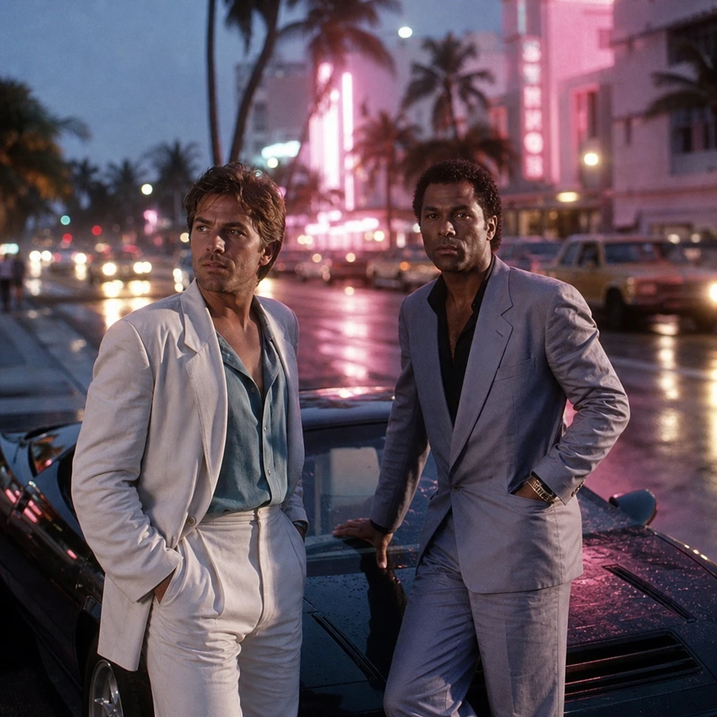 Fotorealistyczna scena w stylu neo-noir z policyjnym duetem inspirowanym atmosferą Miami Vice z 1985 roku