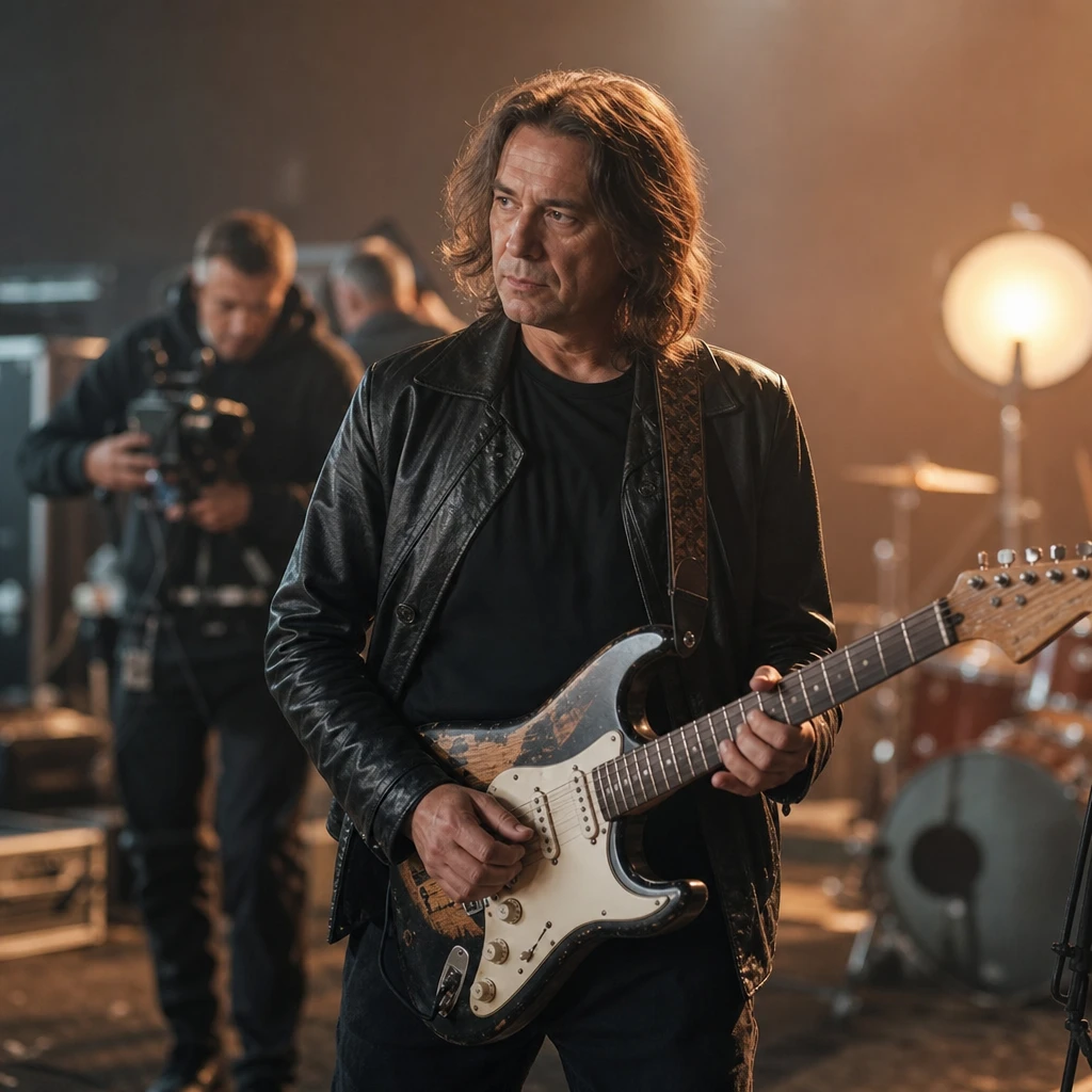 Fotorealistyczne ujęcie biograficznego filmu muzycznego o polskim gitarzyście rockowym