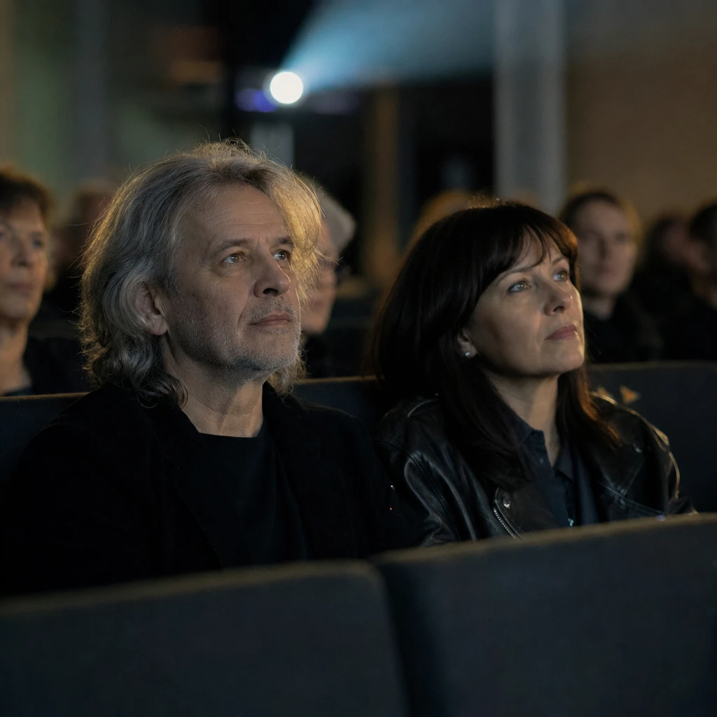 Anonimowy doświadczony muzyk przed seansem osobistego filmu dokumentalnego o własnym życiu
