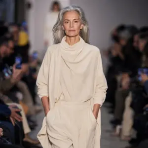 Dojrzała modelka z naturalnie siwymi włosami na pokazie mody w Paryżu
